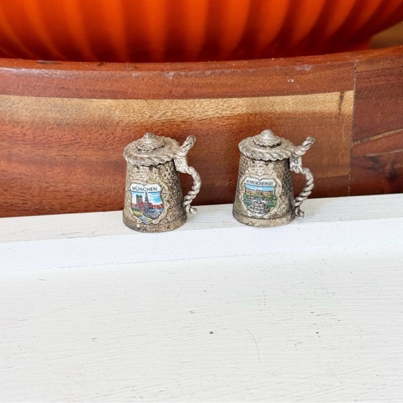 Set of Two Vintage Thimbles Beer Stein Germany Silver Tone Metal & Enamel